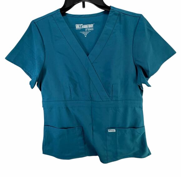 Greys Anatomy Barco Riley Scrub Top M Bahama Blue 3 Pocket Mock Wrap Medical - Picture 2 of 11